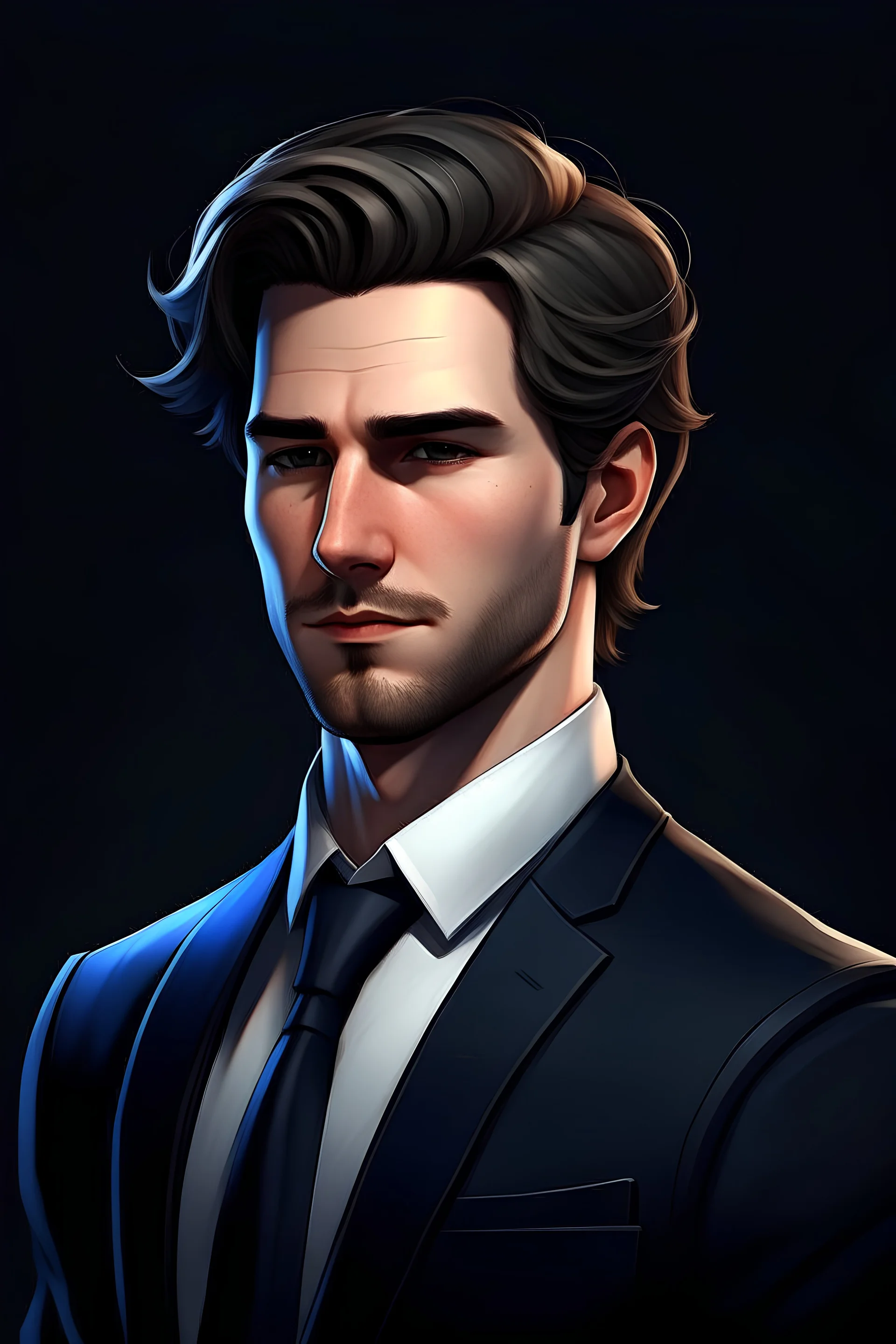 foto de perfil ilustración digital de personaje videojuego realista, un hombre de 27 años viste con traje formal color negro, es abogado, su color de piel es blanco, su cabellos es negro oscuro, sus ojos azules profundos, expresión creída y arrogante, dueño de todo un buffet de abogados, ilustración digital de personajes de videojuegos