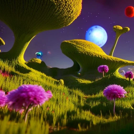 scifi landscape, lighting plants, flovers, another planet in sky, alien animals on background, beautiful, attractive, carnivore, deep colours, 8k resolution, dynamic lighting, ultra hyperdetailed, intricately detailed, Unreal Engine 5, ultra colourful, very small details