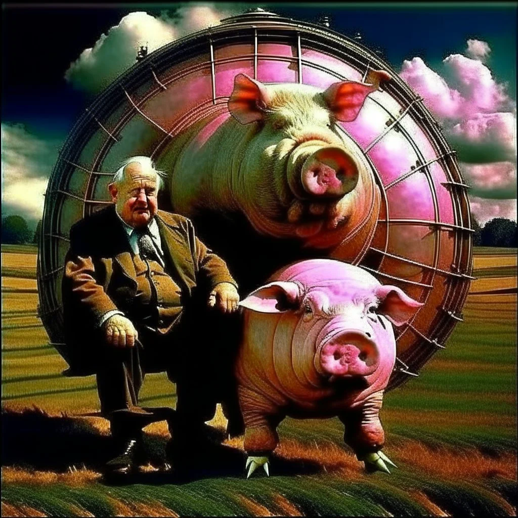 Big man, pig man; charade you are you well-heeled big wheel; Pink Floyd aesthetic, neo surrealism, porcine hallucination