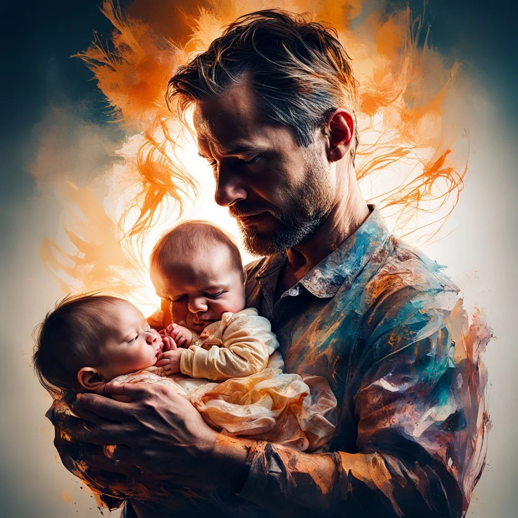 portrait of Father holding new born son, by Alex Ross and Carne Griffiths, negative space, double exposure, amber glow. rich colors