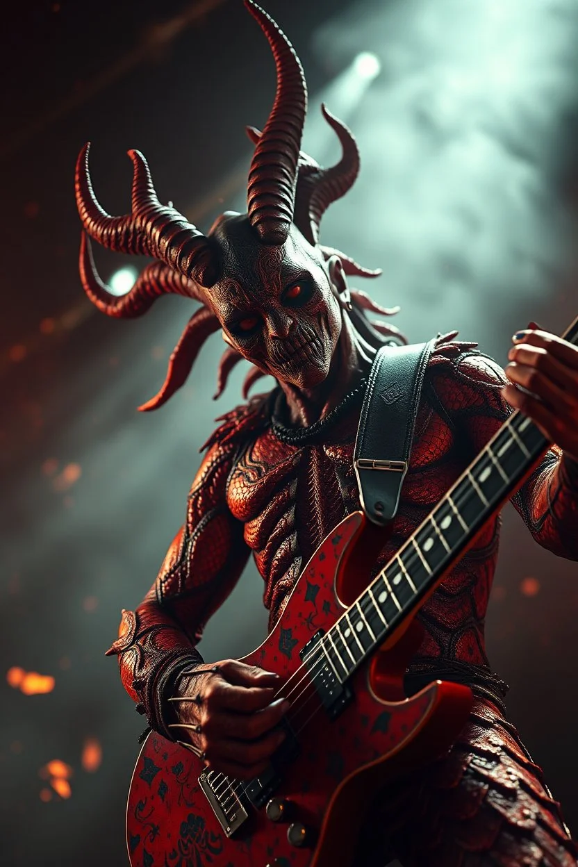 The rock star playing the victim and guitar, looking at you ,red skin, scales, unreal engine 6, high detail, intricate, cinematic. photoshoot style, intricate, studio lighting, masterpiece , highly detailed, 8k, best quality, fire, smoke, dramatic,d,<lora:mshn:0.7>,<lyco:Warrior_Couture:0.5>,