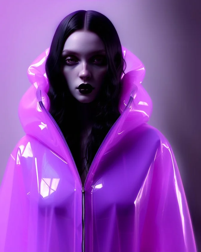 painting by koson ohara and marta bevacqua, portrait of a beautiful goth woman with long black hair, wearing a plastic raincoat, purple neon lighting, 8k, high quality, highly detailed