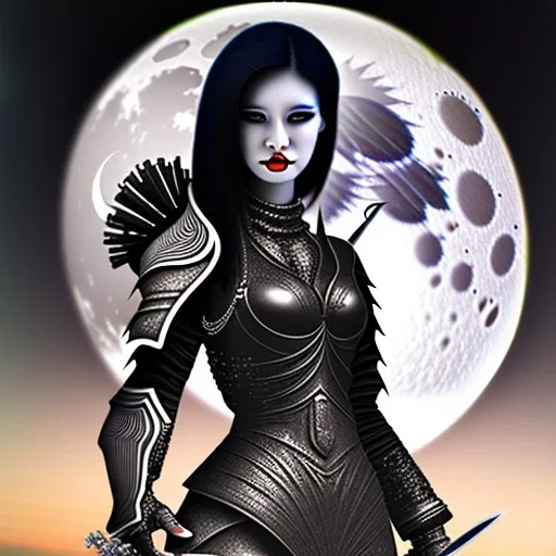 black hair lady warrior top with blade under the Moon