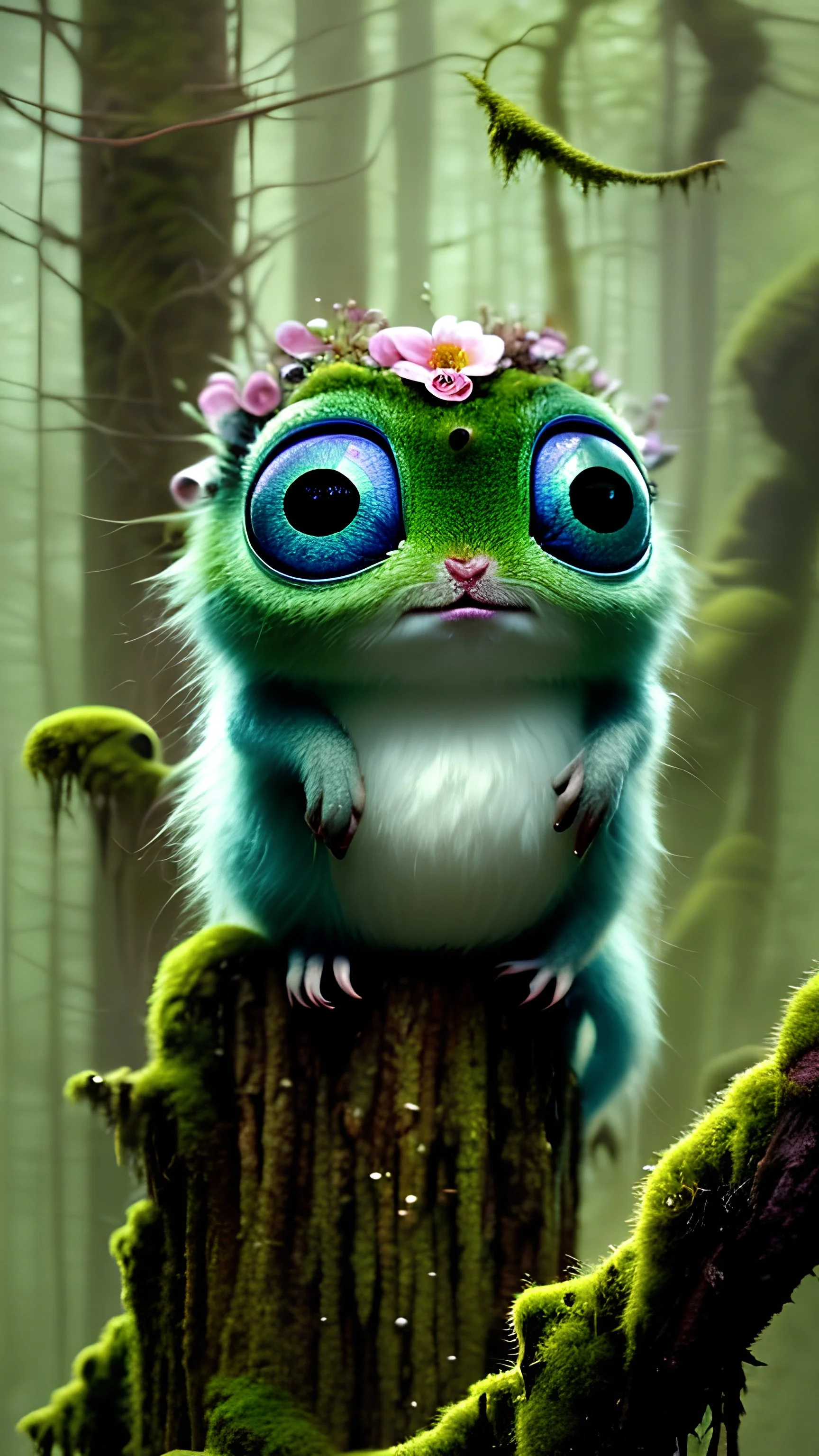 A very cute moss nymphomaniac creature, with big eyes, reflection in eyes, magical mossy flowery fungi forest, full figure, whole body, Art by Norman Rockwell, digital art, trending on artstation, high contrast, deep color, magical, beautiful