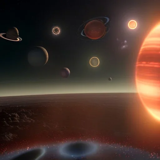 suns surrounded by planets and moons