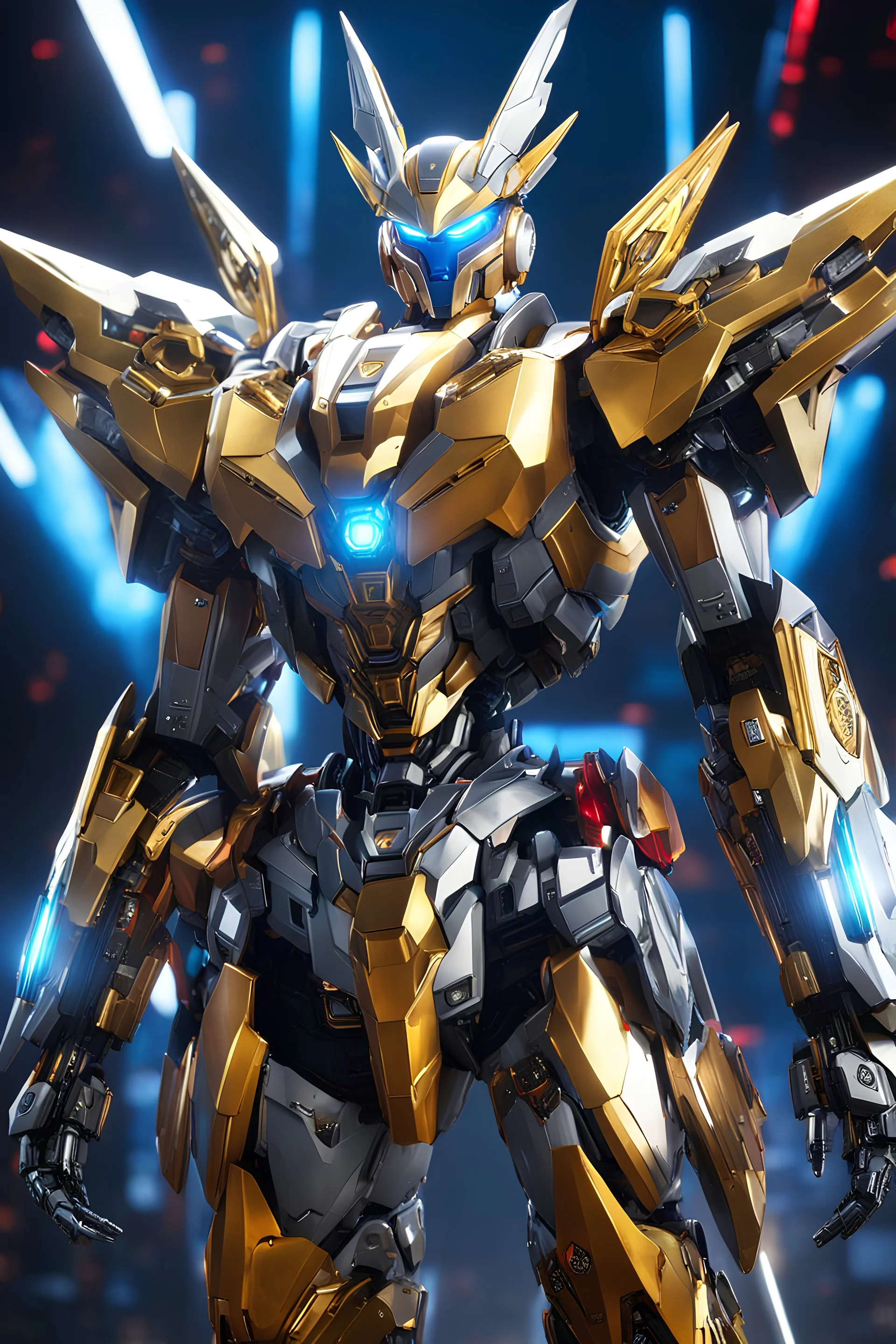 super robot with elements of Gundam, cool, gorgeous looks, anime, colorful outfit, highly detailed, sci-fi, futuristic, soft lighting, cinematic lightning, symmetrical, intricate, octane, bright color, 8k high definition, unreal engine 5, good pose, photo, sharp focus, ultra realistic, perfect anatomy, armor with glitter diamonds, jeweled skin, crystals, sapphires, ornate, white, translucent, silver