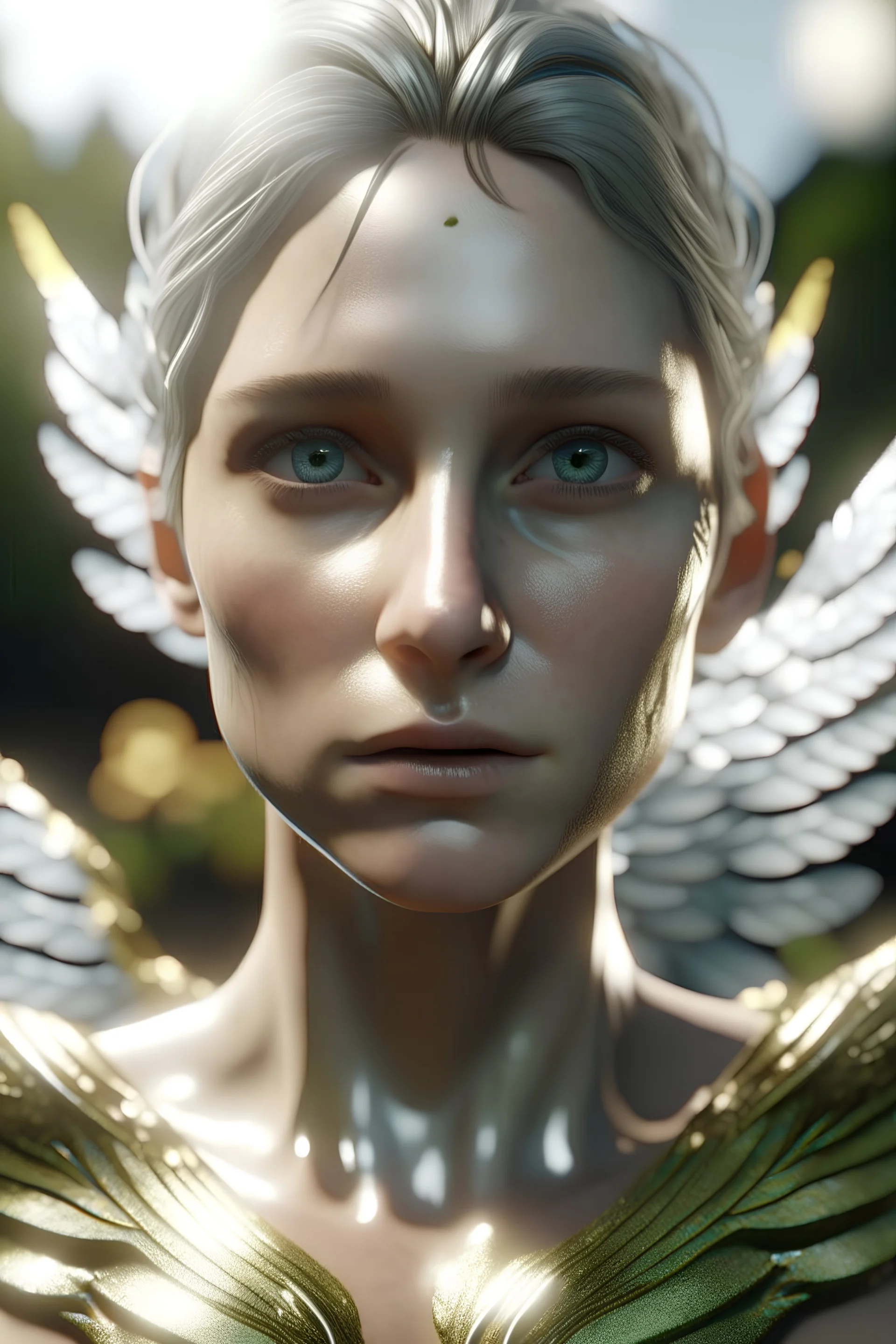 A Photorealism, Unreal Engine, Cinematic-Still Portrait, Hyper Realistic, Extremely Detailed, Symmetrical, High Quality, High Res, Sharp Focus, Cinematic Lighting, 8k Uhd, Real Skin Tone And Texture, Image Of an angel, Looking Real, Looking At The Camera. In EmotionScape Style, With Emerald Silver And Gold Emotive Landscapes,Photorealistic,Hyperrealism,Intricate Details ,Hyper Realistic Skin Texture And Facial Features, Realistic Body And Anatomy, 3D Octane Render, 32k Uhd, Daz3d, Dr