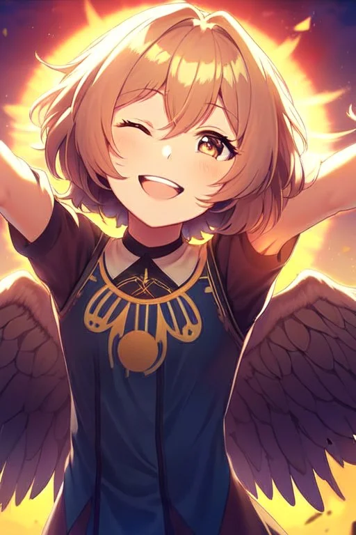 Close up of trendy anime Girl standing on edge of cliff, head towards the sky, eyes closed, sun on face, thankful and smiling, arms open like wings