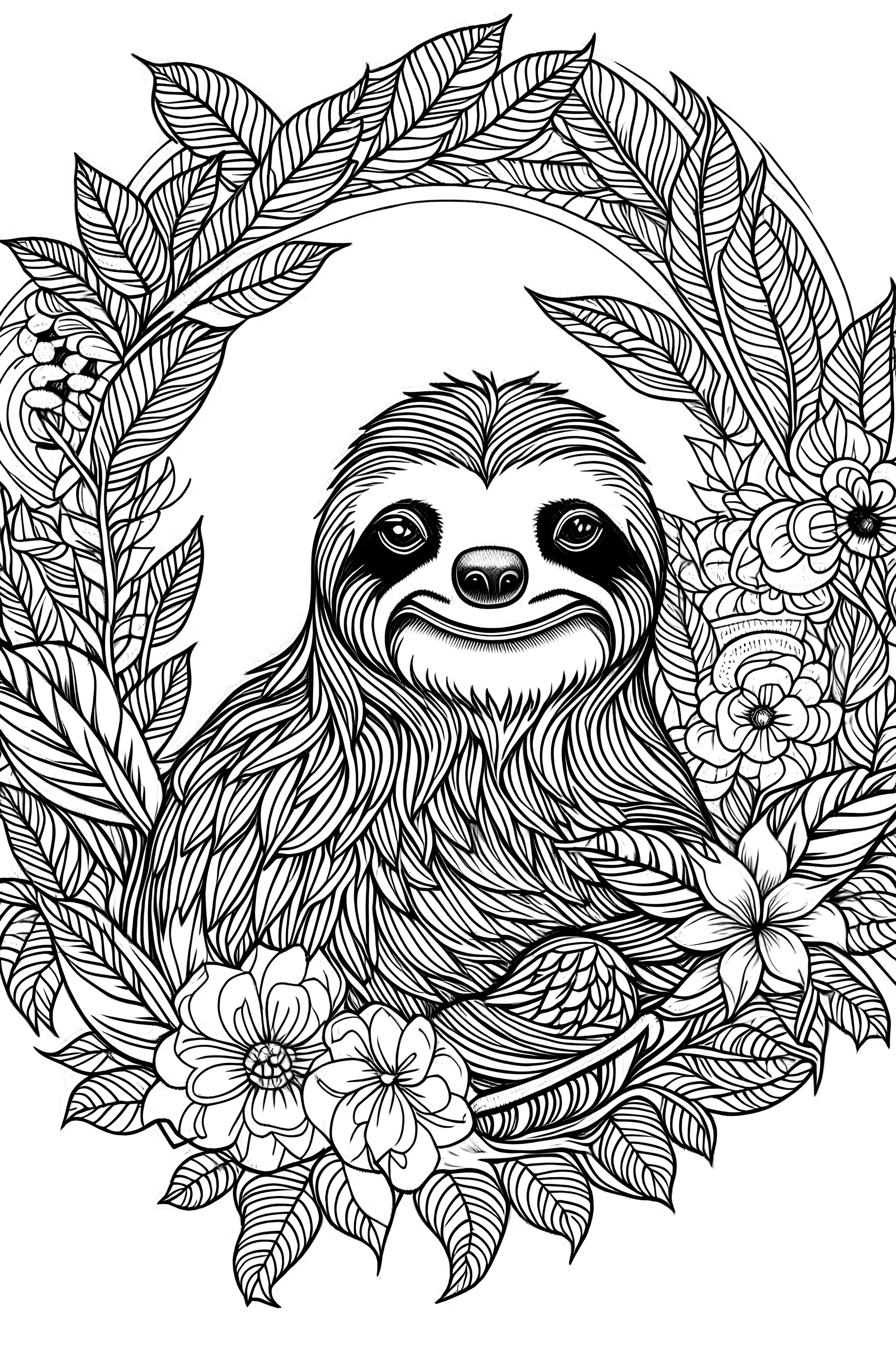 portrait of Sloth and background fill with flowers on white paper with black outline only, style mandala