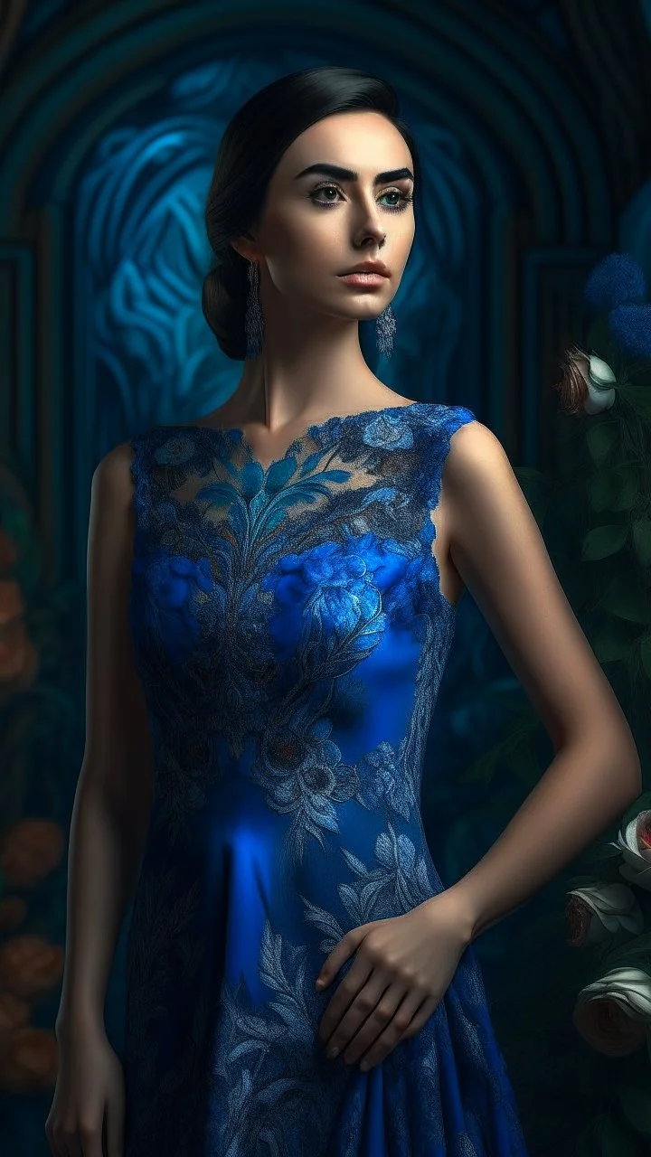 a beautiful woman in blue floral maxi, intricate details, HDR, beautifully shot, hyperrealistic, sharp focus, 64 megapixels, perfect composition, high contrast, cinematic, atmospheric, moody detailed matte painting, deep color, fantastical, intricate detail,