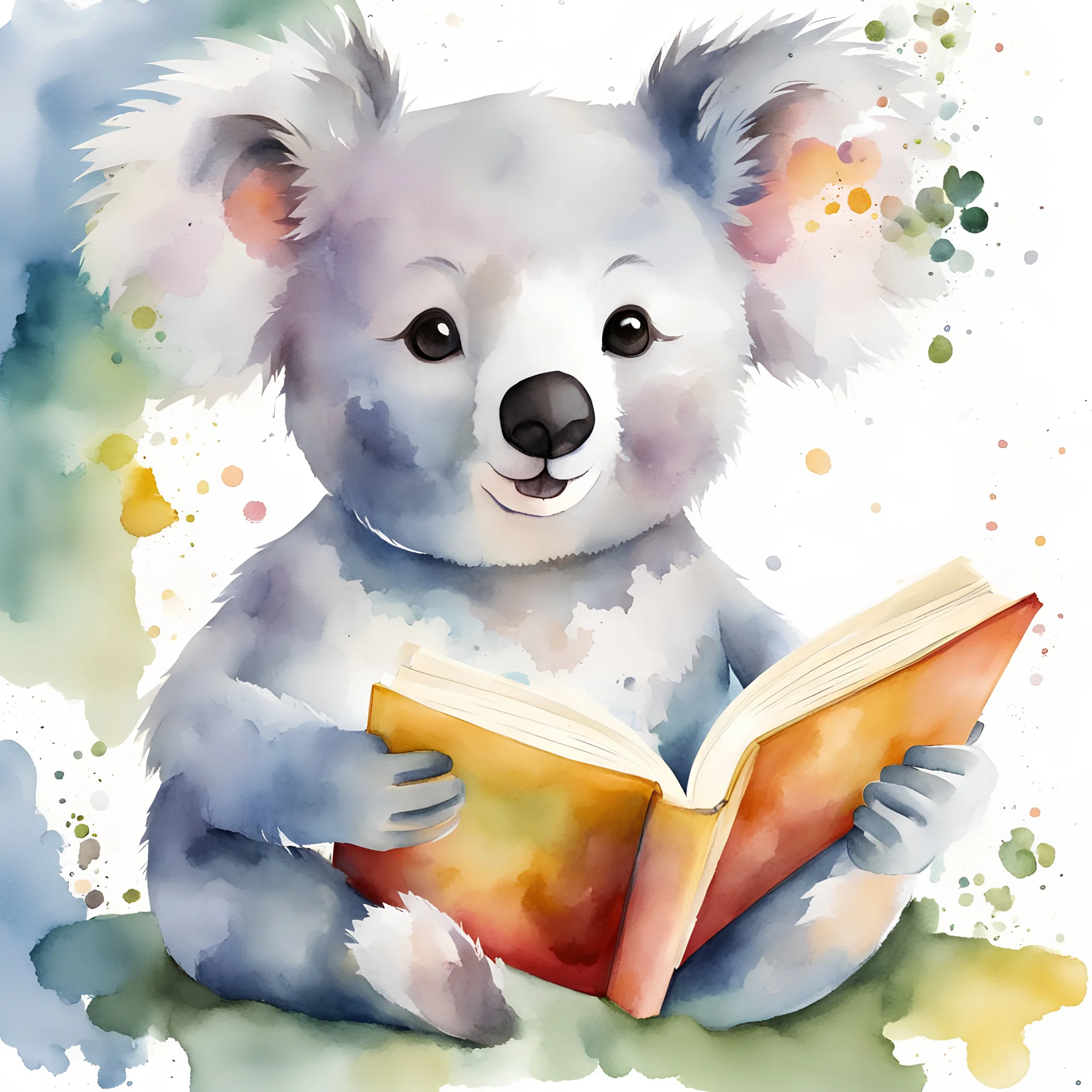 Create children's illustration of a koala reading a book. watercolour style.