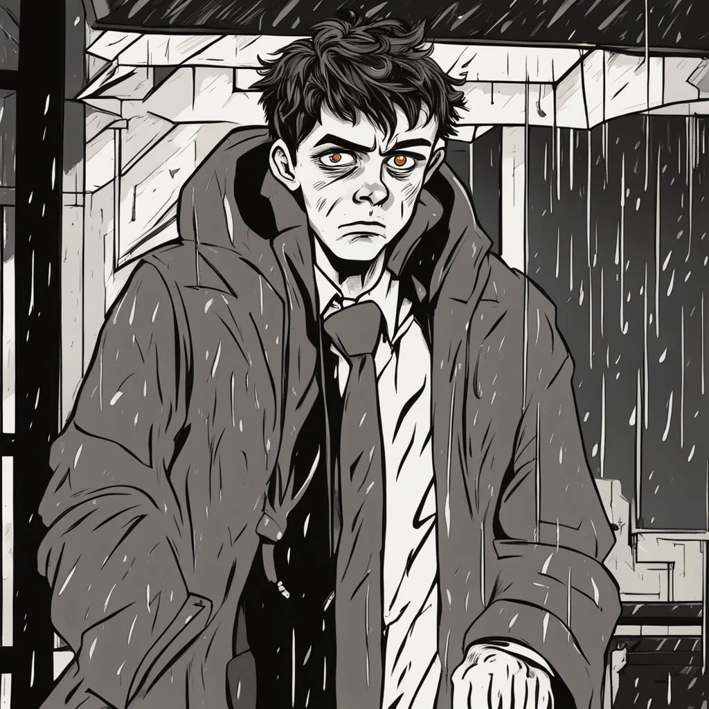 a closeup of a bored psychopathic young man in a heavy coat during a rainstorm cartoon