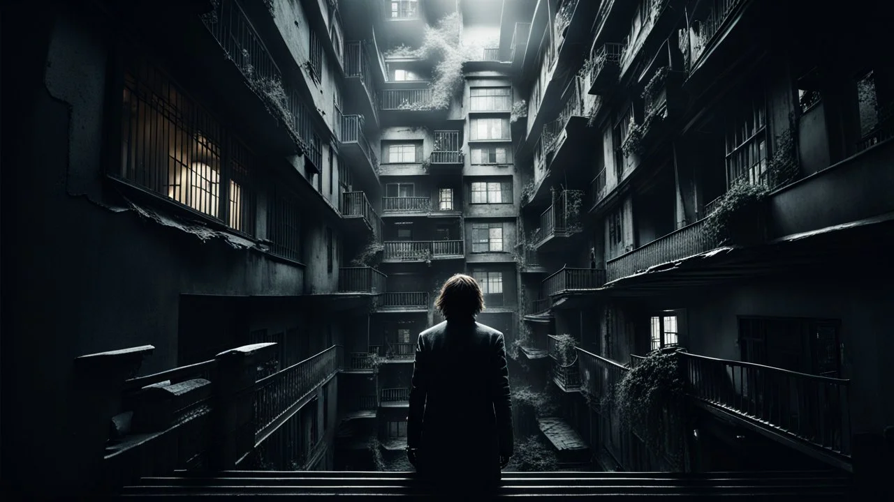 Hogyan is érthetné a második emeleti lakó a földszinten élő nyomorúságát? high contrast, detailed, thriller, deep dark colors, gloomy, cinematic