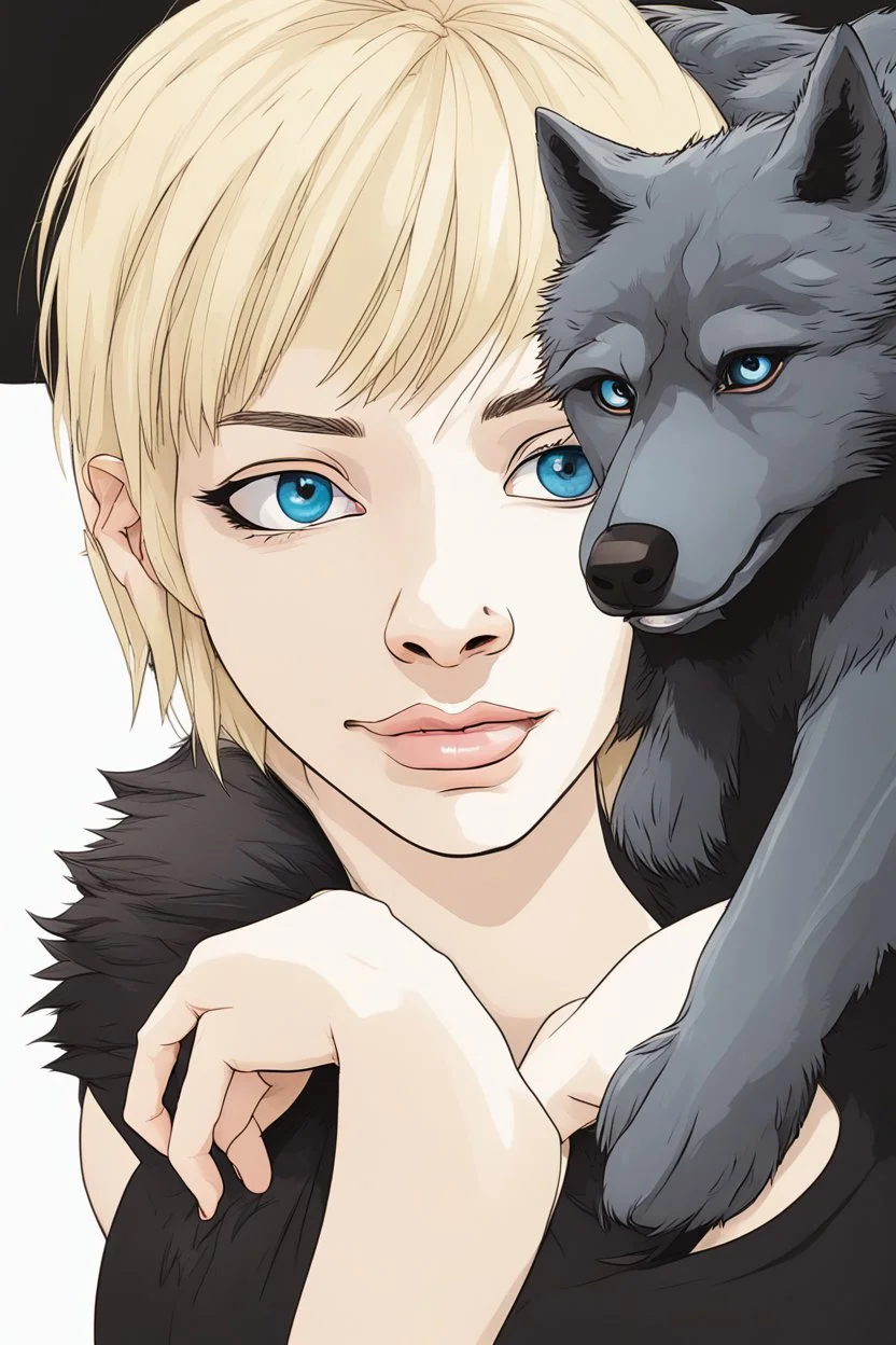 ultra realistic photograph of a very thin young woman with short blonde hair and blue eyes wearing a loose black teeshirt standing next to a black wolf