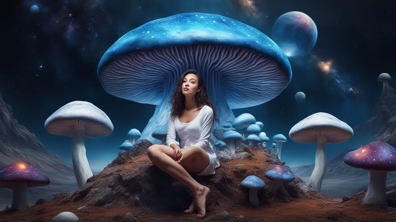 beautiful women sitting with no braa on a big blue mushroom in space, planets at the back ground, hyper realistic.