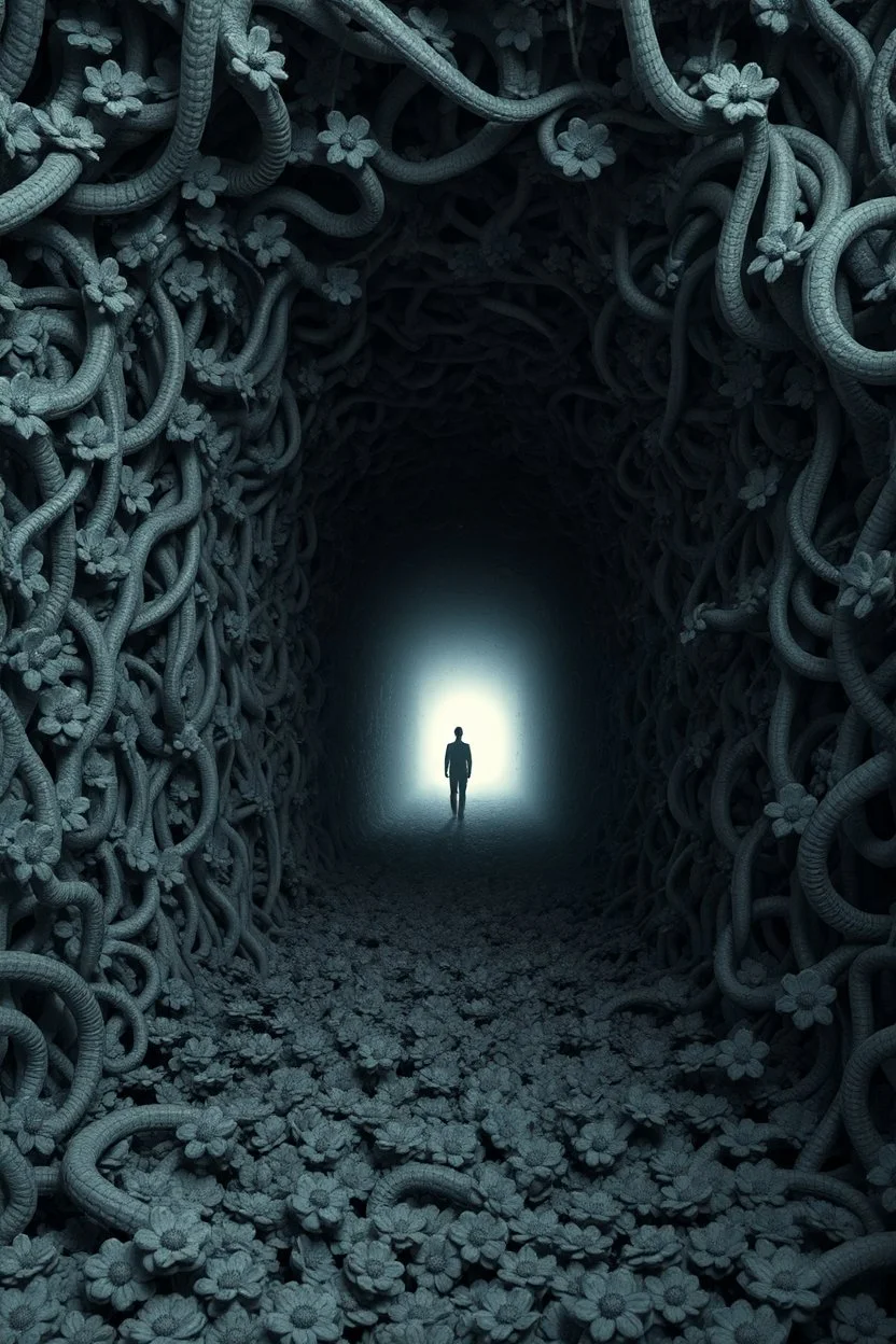 A surreal scene a tunnel-like structure filled with intertwined gray flowers . The tunnel is lined with countless writhing aliens bodies, creating a chaotic and nightmarish atmosphere. At the end of the tunnel, a solitary figure walks towards a distant light source, casting a glow that illuminates the scene. The overall color palette is muted with shades enhancing the ominous and unsettling mood. The level of detai