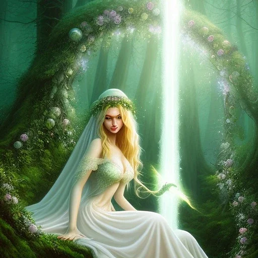 romantic fantasy spray painting, portrait of very cute hooded green eyed blonde robed bride with halo sitting on huge stone, bubbles, tossing torch in magical forest, foliage frame, magic wand,waterfall