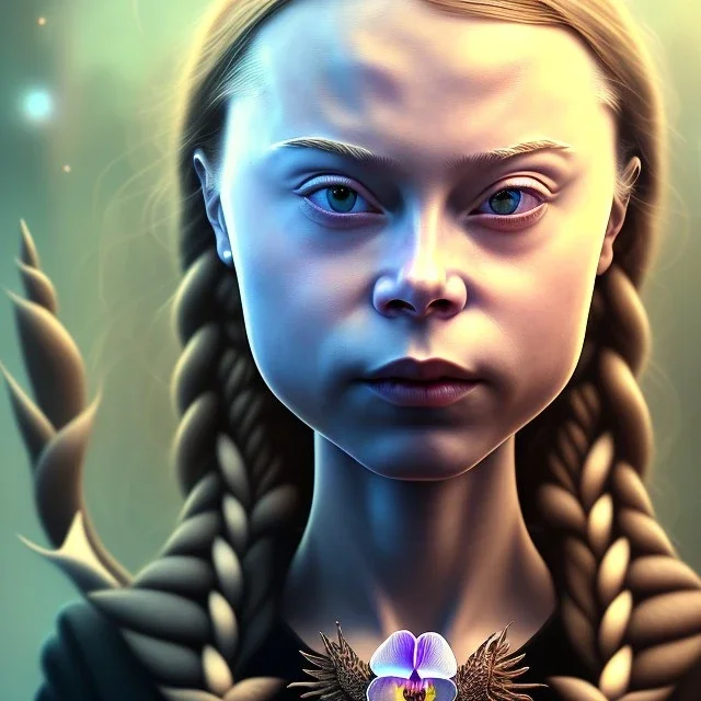  Greta Thunberg portraitfae, sidhe, ominous, nature, orchids, dnd character portrait, intricate, oil on canvas, insanely detailed, 16k resolution, retroanime style, perfect eyes, round pupil, cinematic smooth, intricate detail , soft smooth lighting, soft pastel colors, painted Renaissance style