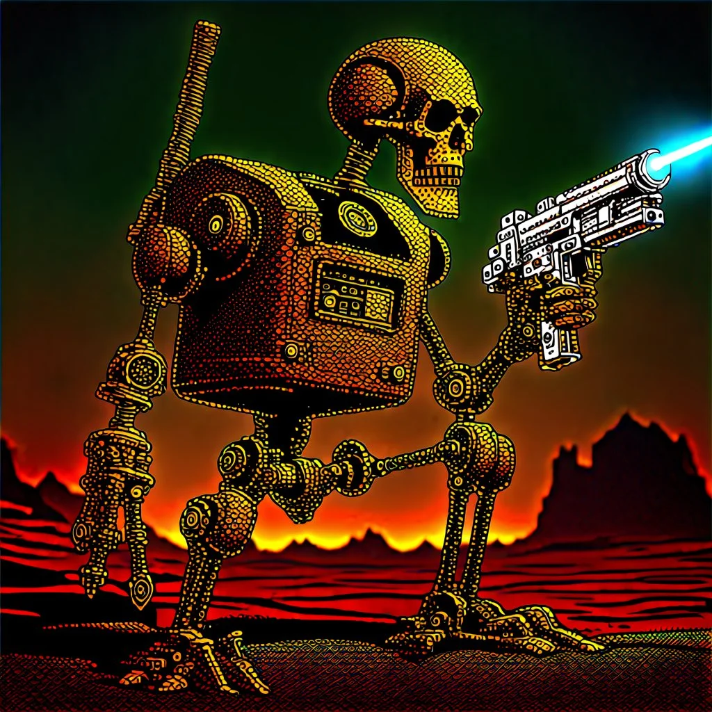 90's TCG art retro fantasy art of rusted skeleton robot with laser gun