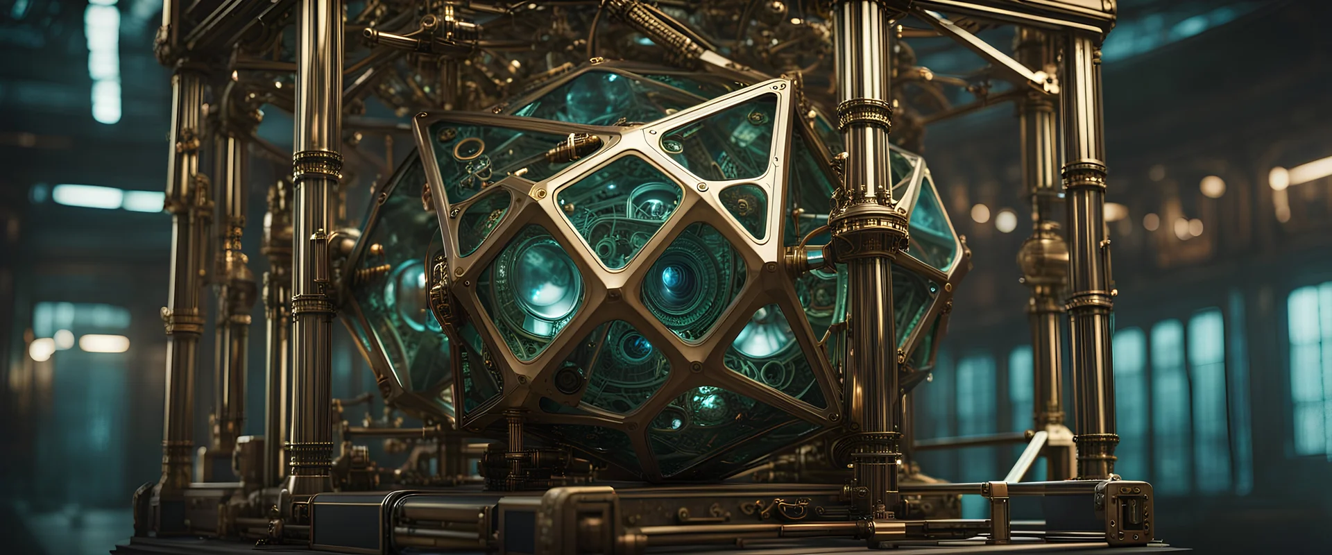 High-end state-of-the-art STEAMPUNK aesthetics tesseract four-dimensional hypercube, supreme cinematic-quality photography, sage green blue metal and glass, Art Nouveau-visuals,Vintage style with Octane Render 3D technology,hyperrealism photography, (UHD) with high-quality cinematic character render,Insanely detailed close-ups capturing beautiful complexity,Hyperdetailed,Intricate,8K,Hyperrealism craftwork