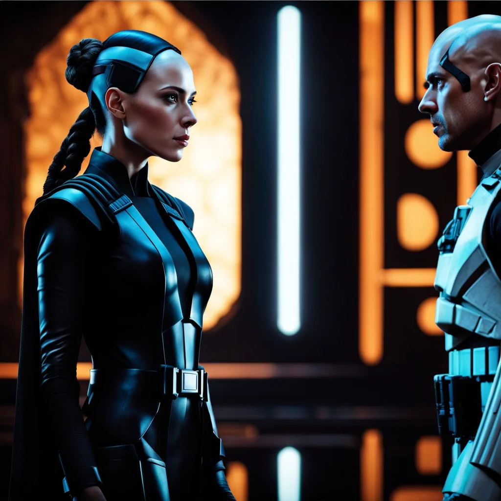 a bold and heroic bald male Corellian pilot in black and metallic grey First Order special forces gear meets a female Jedi Master in ancient, mystical temple, hyperdetailed, dynamic lighting, hyperdetailed background, 8k resolution, volumetric lighting, light skin, fully symmetric details