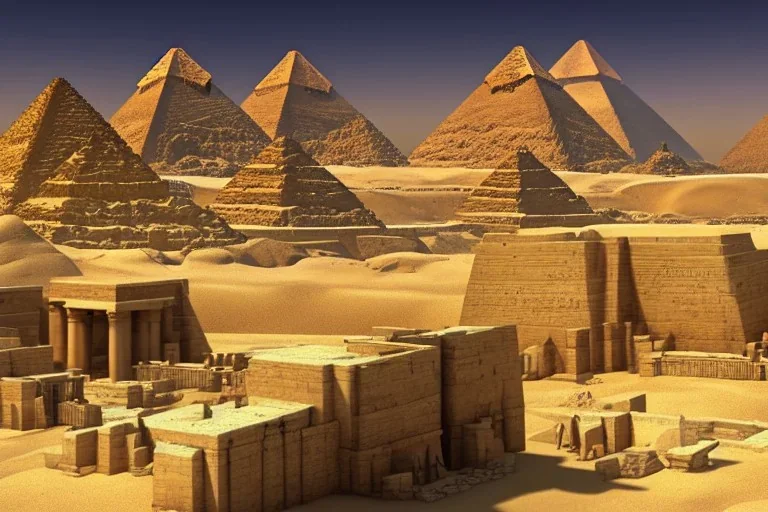 An ancient Egypt city in the year 1500 before Christ with pyramids in the background, beautiful Egyptian temples, ultra realistic, no ruins, vibrant colours, concept art