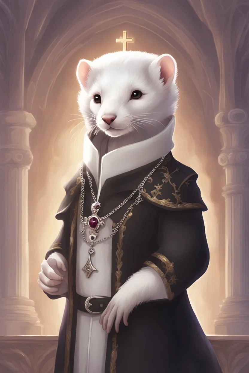 (anthropomorphic white ferret),dressed in ((cleric fantasy)) black clothes with silver holy ornaments, realistic anatomy, posing, cute face, fantasy inspire, fantasy church on background with warm sunshine lighty from behind, gloomy atmosphere, (((high angle shot))), purple armband, The holy icon style, RTX, praying, close eyes