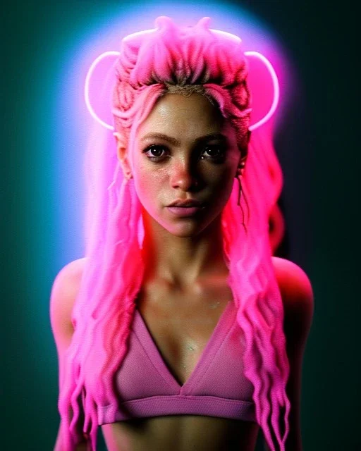 portrait, Shakira, blonde artist, Realistic image, drinking a strawberry milkshake, pink line make-up, sweat, fog, goddess style, Neon colors, leds. Color background, photo studio, concept art, smooth, unreal engine 5, god lights, ray tracing, RTX, lumen lighting, ultra detail, volumetric lighting, 3d, finely drawn, high definition, 4k.