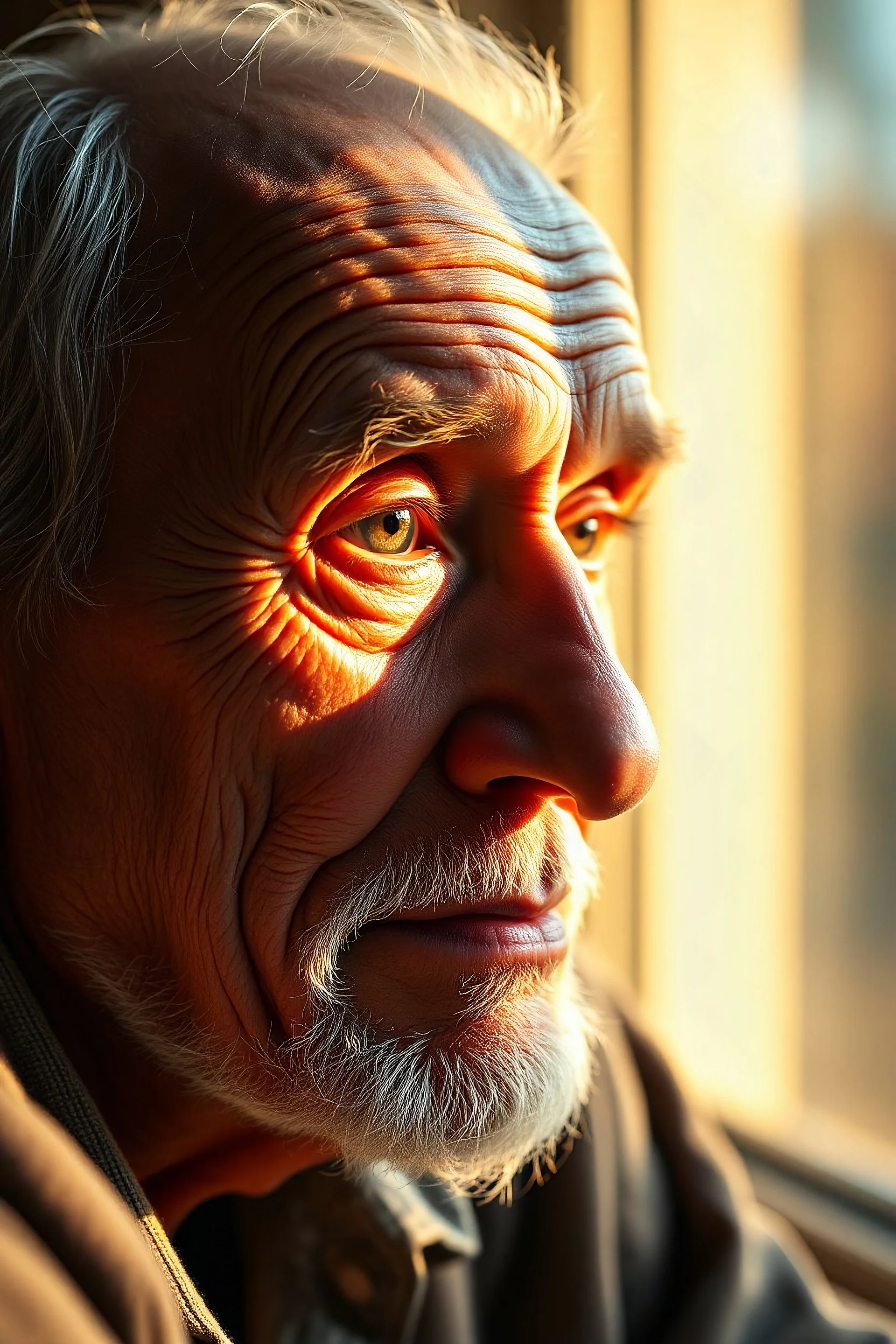 create a photorealistic portrait of an elderly man sitting by the window in the late afternoon, with natural sunlight casting warm golden light across his face revealing every wrinkle and the texture of his skin, sharp focus on his eyes showing depth, moisture, reflections, with a soft bokeh background of the room behind him.