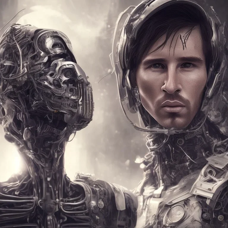 lionel messi perfect face and portrait post-apocalypse perfect cyborgs in a cyberpunk city, sci-fi fantasy style, 8k,dark