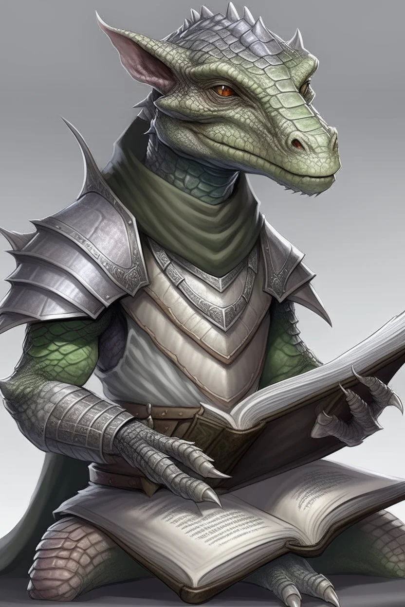 reptilian humanoid, kobold, grey diamond - shaped scales, big magic book