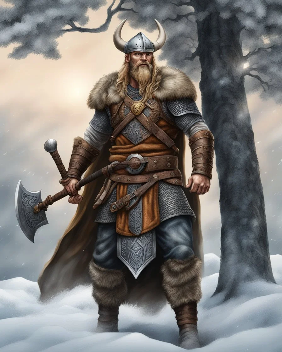 Dibujo realista de guerrero Vikingo, intrincado, calidad ultra, hiperdetallado, 8k, fondo de árboles, colores complementarios, cuerpo completo