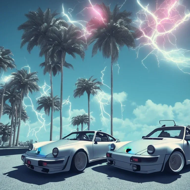 1980's aesthetic vaporwave palm trees and spheres and Porsche with lightning