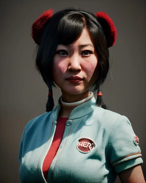 Portrait, Asian waitress woman with monster muppet mask that covers her entire head, retro style, Sesame Street style, smooth, unreal engine 5, god lights, ray tracing, RTX, lumen lighting, ultra detail, volumetric lighting, 3d.