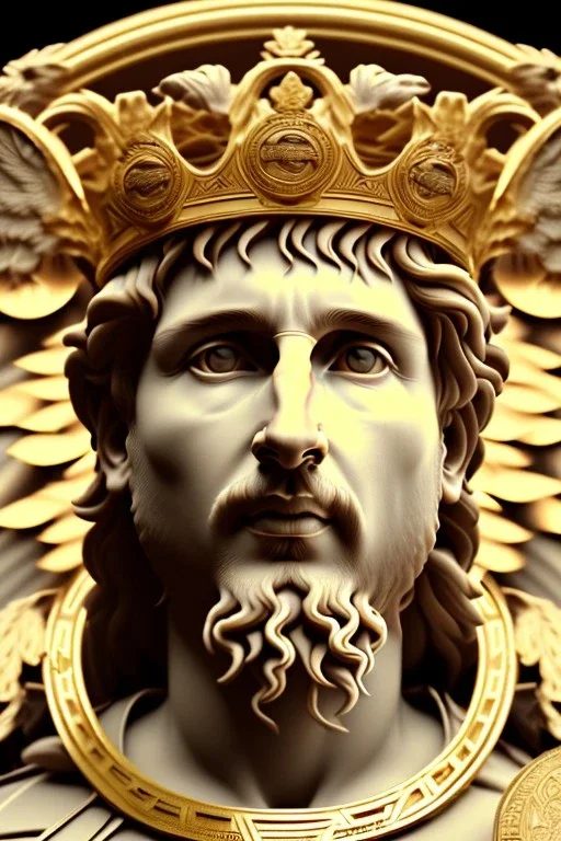 Ultra Realistic image, Roman sculpture, white marble material, Lionel Messi, gold Laurel leaves wreath, god crown, renaissance ornaments, one gold star in heart, sun ornament, sun rays background, chisel style, waist up portrait, emperor style, epic, celestial, cinematic lighting, God light, god rays, 4k resolution, smooth details, ornate details, soft lighting, unreal engine 5, art station, substance 3d.