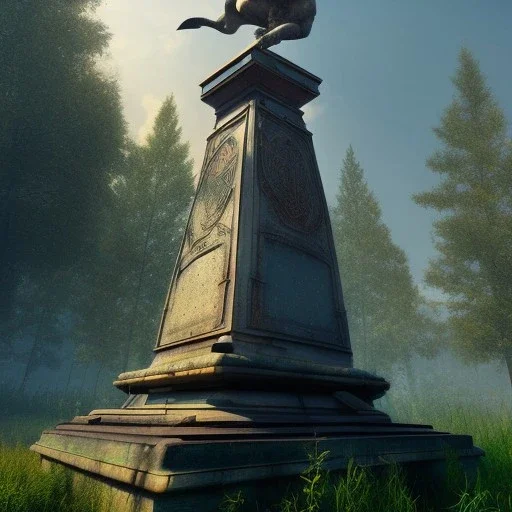 Monument, abandoned city centre, statue of human on top, look from distance, buildings visible whole statue, overgrown statue and monument, realistic, highly detailed