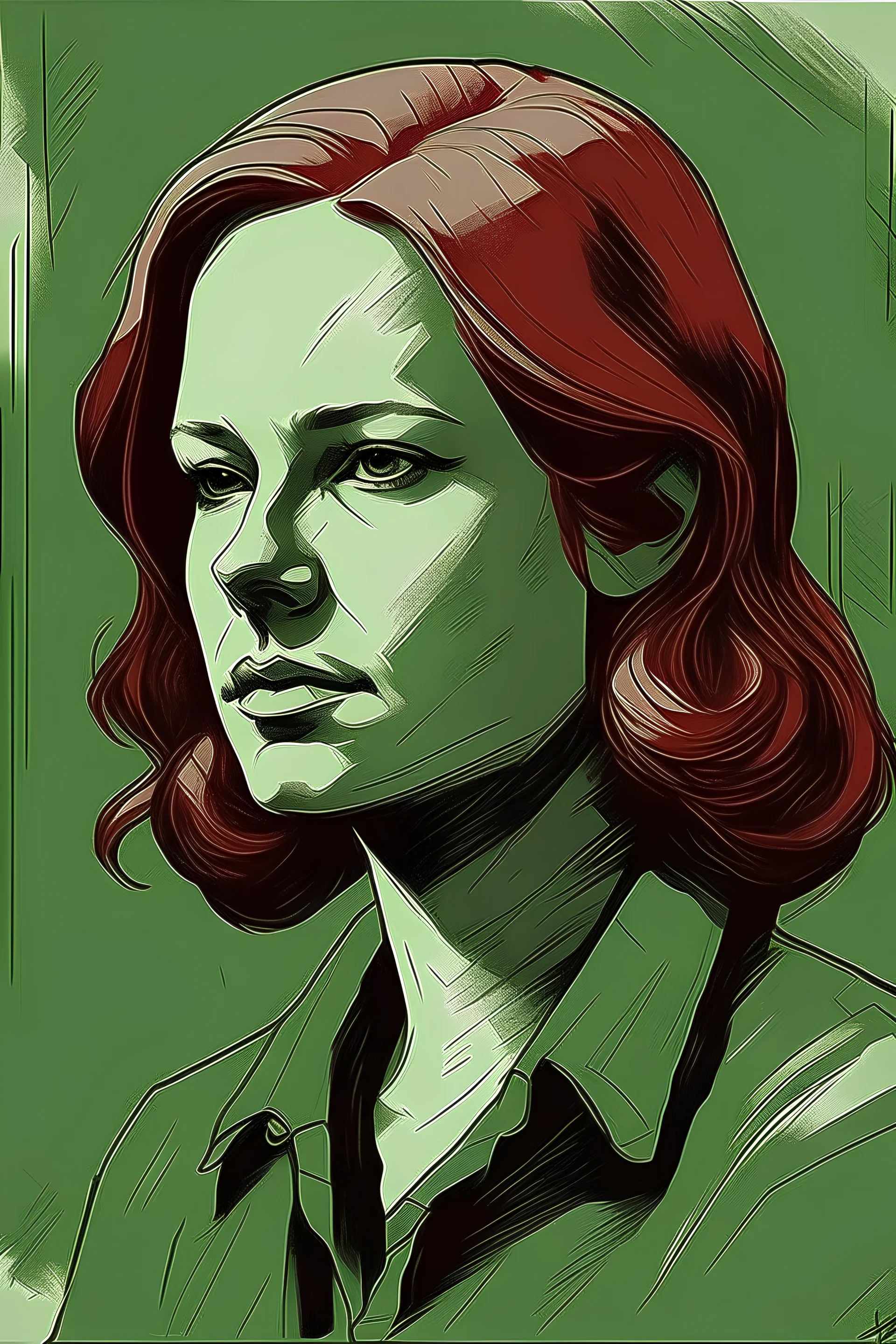 Draw a portrait of a beautiful German lady using dark red chalk on a harsh textures light green-gray paper, curved outlines, silhouettes lines extended as overhang lines style, silhouettes and creases and contour lines are drawn with dark red Conte, the final result is a fast sketch on a textured gray-green background,