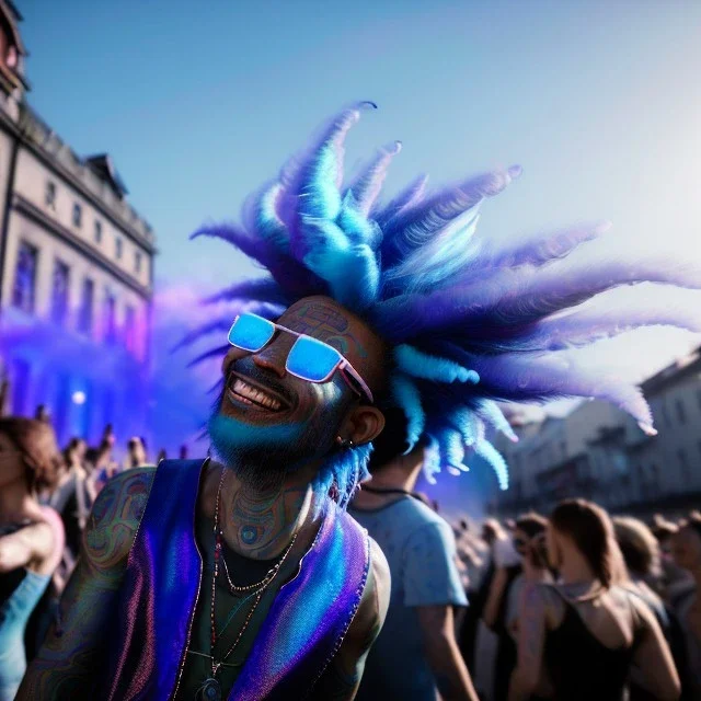 Ultra Realistic photo, medium shot view, drunken dancer women, carnival scene, monster hair, steampunk. Blue hair, confeti, Sunglasses, smile, happy, festival, gradient color fog. highly detailed, concept art, unreal engine 5, ray tracing, RTX, lumen lighting, ultra detail, volumetric lighting, 3d, finely drawn, high definition, high resolution.