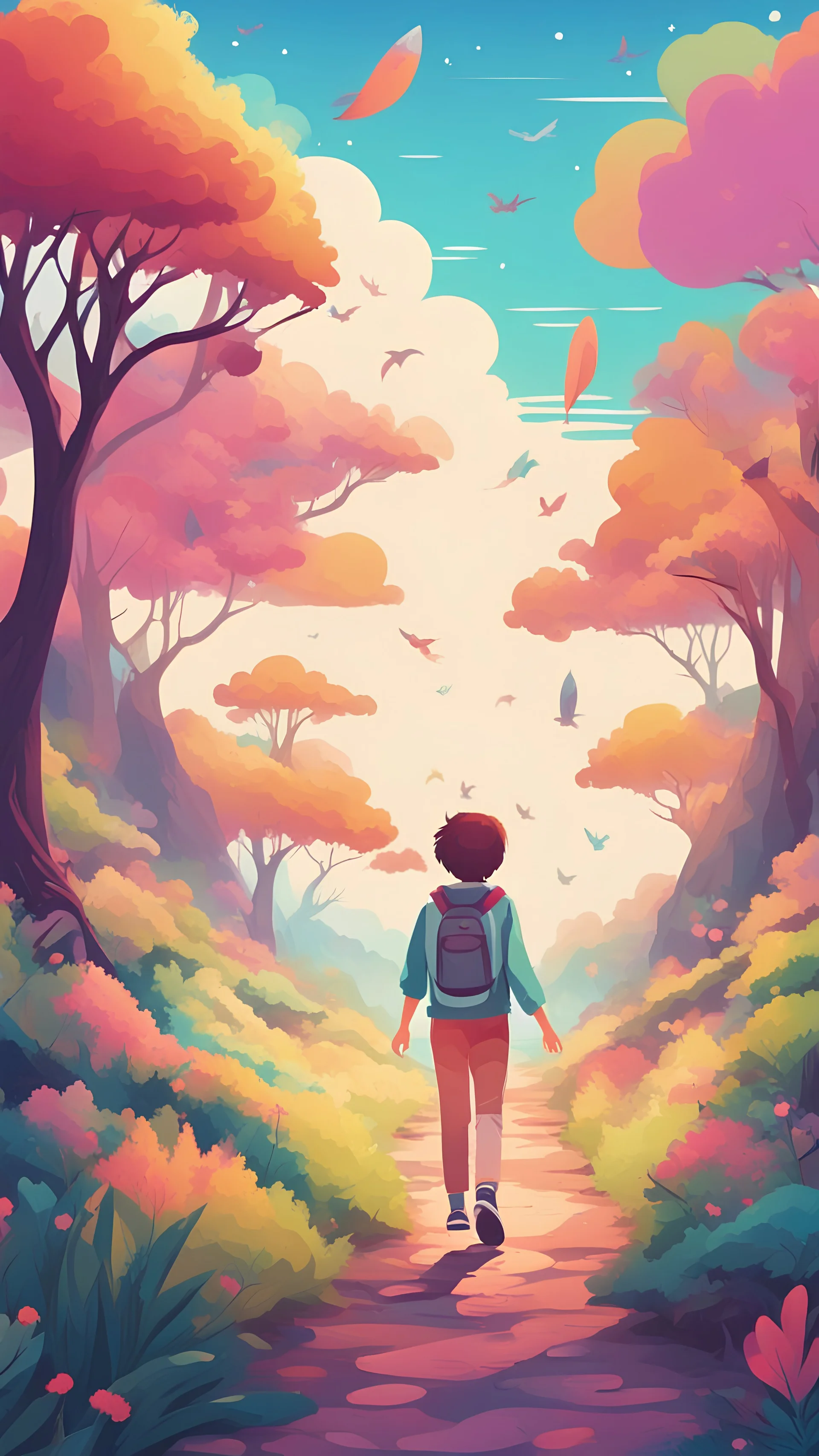 A teenage boy and teenage girl walk in a land like paradise, and they are optimistic, a metaphor for joy colorful illustration style