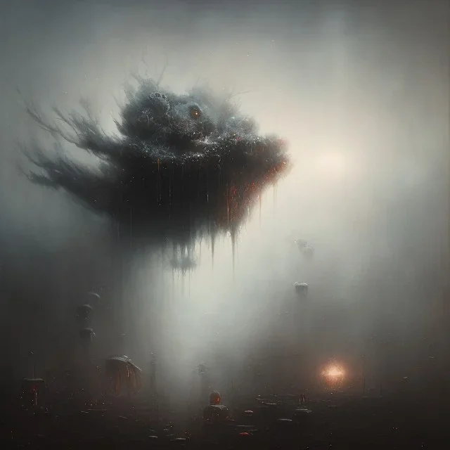 photographic camera in abstract style. fog and smoke in atmosphere. bokeh, lens flare. Dark mood. Dripping paint. oil on canvas, high detailed. beksinski