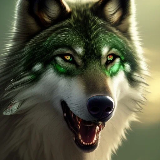 Green Wolf, red eyes, 8K, cinematic lighting, sharp focus, masterpiece, expert