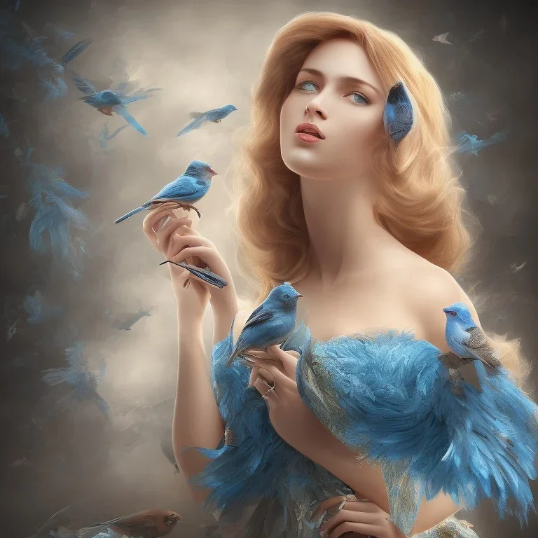 soft bueatiful woman in blue dress, bird