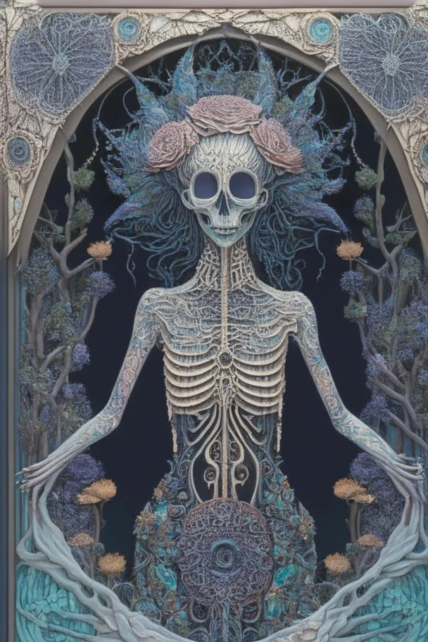 Artwork entitled "Skull Moon Pond Goddess " depicts a partially skeletonized Pond Goddess wearing a gown made from detailed quilling consisting of feathers, foliage, fish scales, flowers, and gemstones appearing inside an archway of quilling growing around her and the skull moon; insanely detailed; quilling; elegant, fantasy, rose tones, beautiful, rapturous