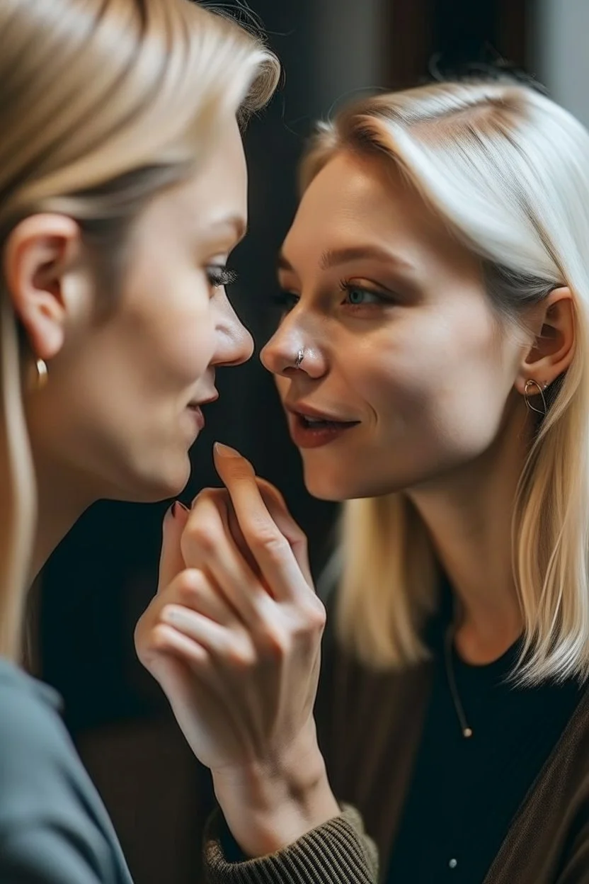 a blonde woman whispering next to a persons ear
