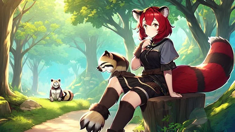 5Girl, red hair, raccoon ears, raccoon tail, raccoon face, forest, sit on tree, raccoon paws on hand, paws on foot,