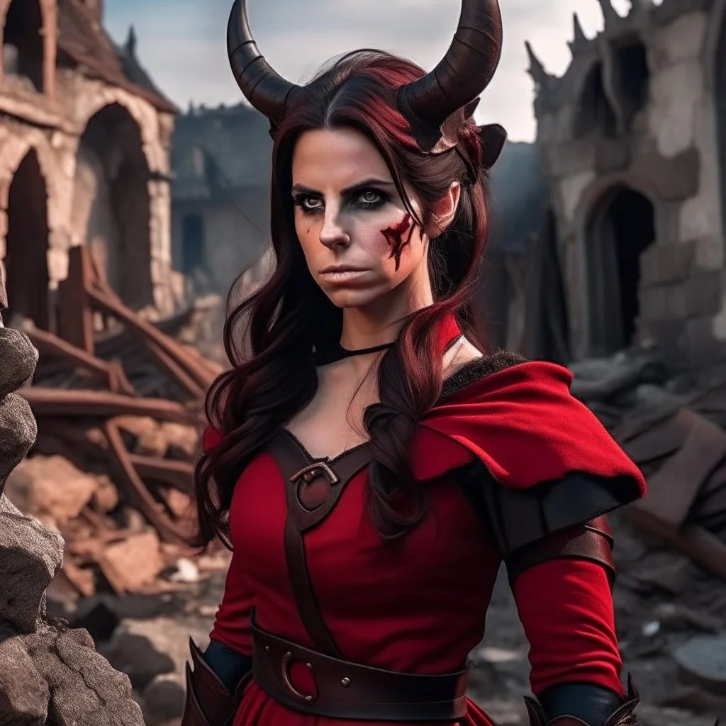 a beautiful tiefling woman with a kind face and dark hair in a sleeveless battle outfit, amidst the ruins of a medieval town destroyed by war, photo quality, the whole scene in dark red colors