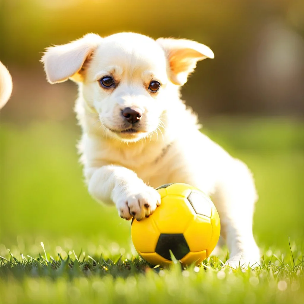 Cute puppy playing with his ball in the park.