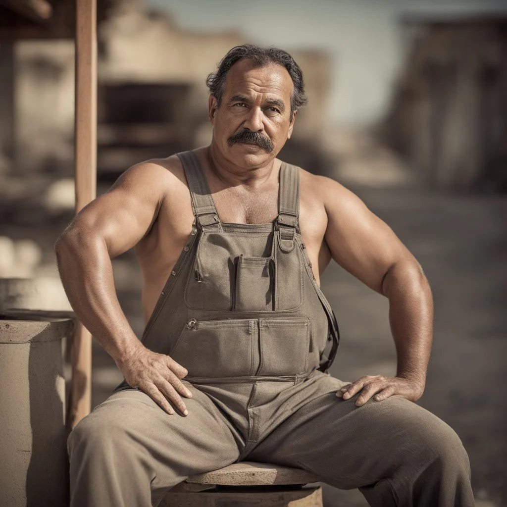 photography of a marocan ugly burly serious wet sweaty, beefy strong fat carpenter, shirtless, in overall, bulge, manly chest, big salt-and-pepper mustache 50 years old, short hair, sitting with open legs on a little chair , on a construction site in the middle of a road, under the August sun, emotional eyes, , hyper-realistic, photorealistic , frontal view from the ground