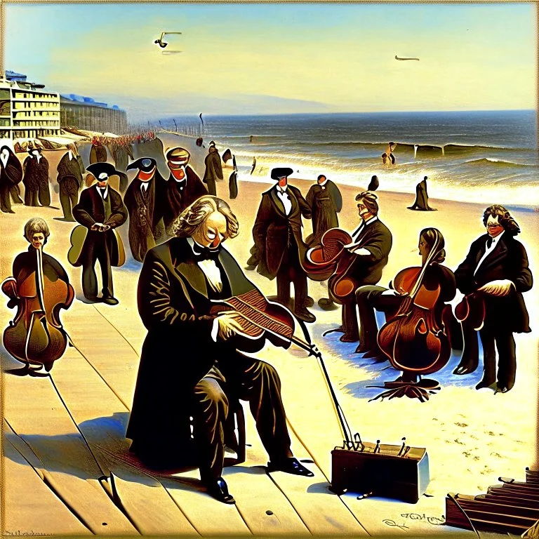 Ludwig van Beethoven, Johannes Brahms, Wolfgang Amadeus Mozart, Antonin Dubzek and Johann Sebastian Bach stand on the boardwalk on the beach in San Francisco and play violins in front of children, men and women who sit on the floor and listen to them,