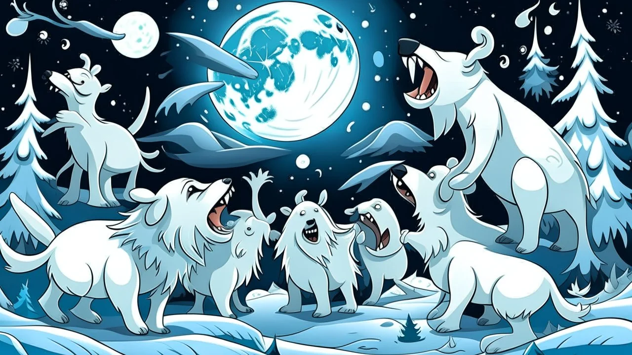 fantasy cartoon illustration: The Arctic animals are bustling with excitement beneath a full moon as they prepare for Christmas.